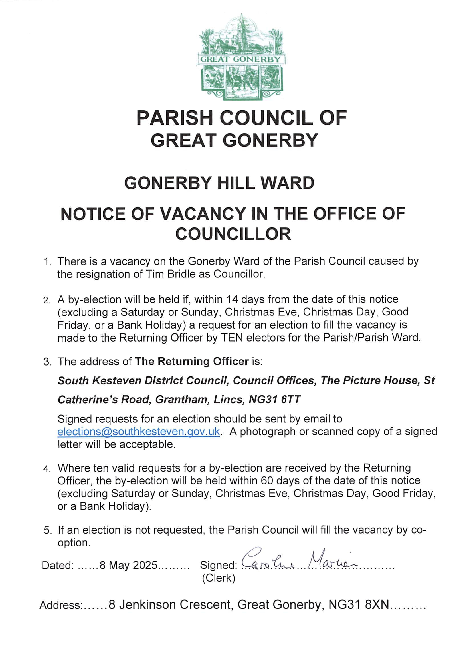 Notice of Cllr Vacancy May 2025