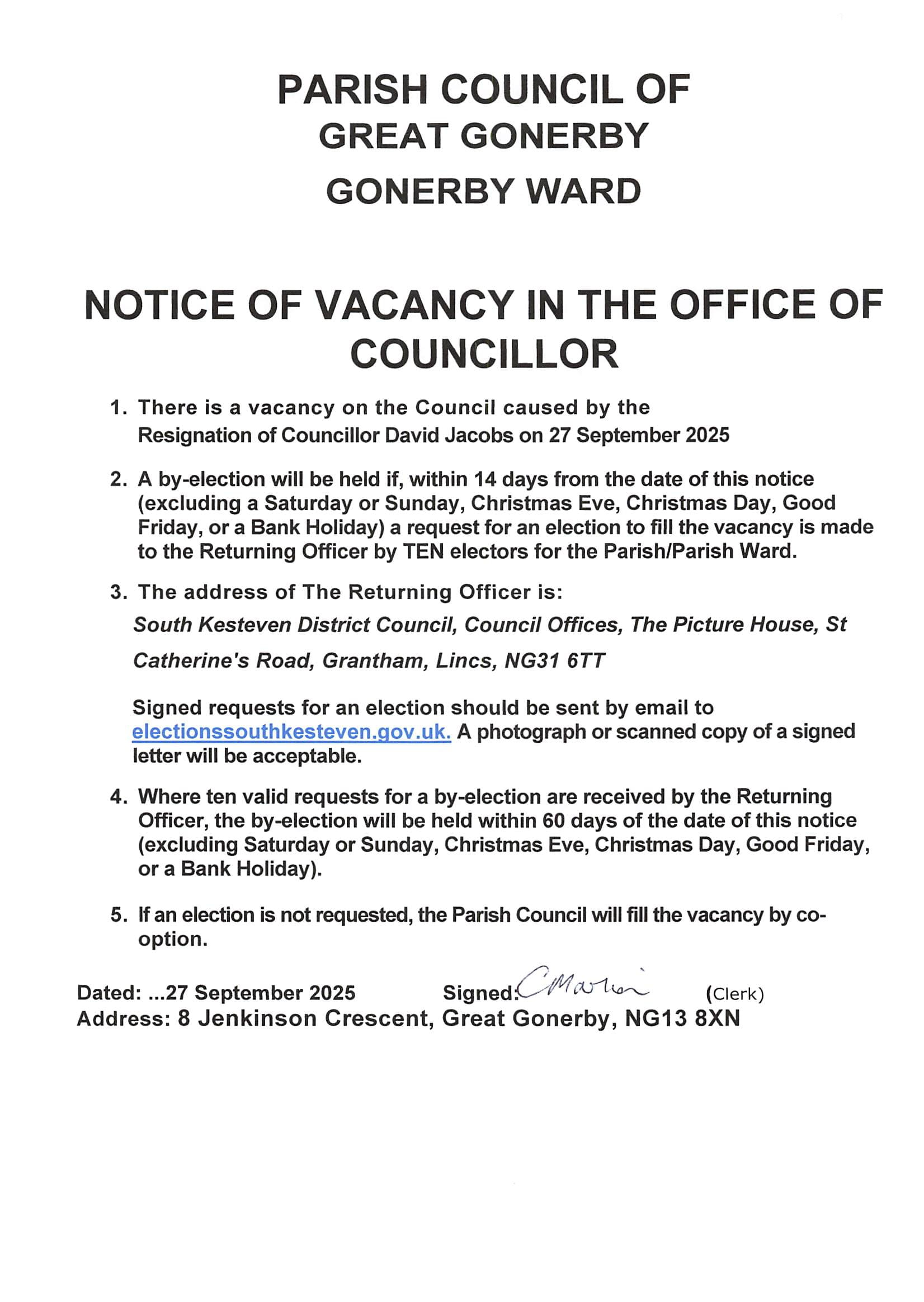 Notice of vacany david jacobs gonerby ward 29 9 25